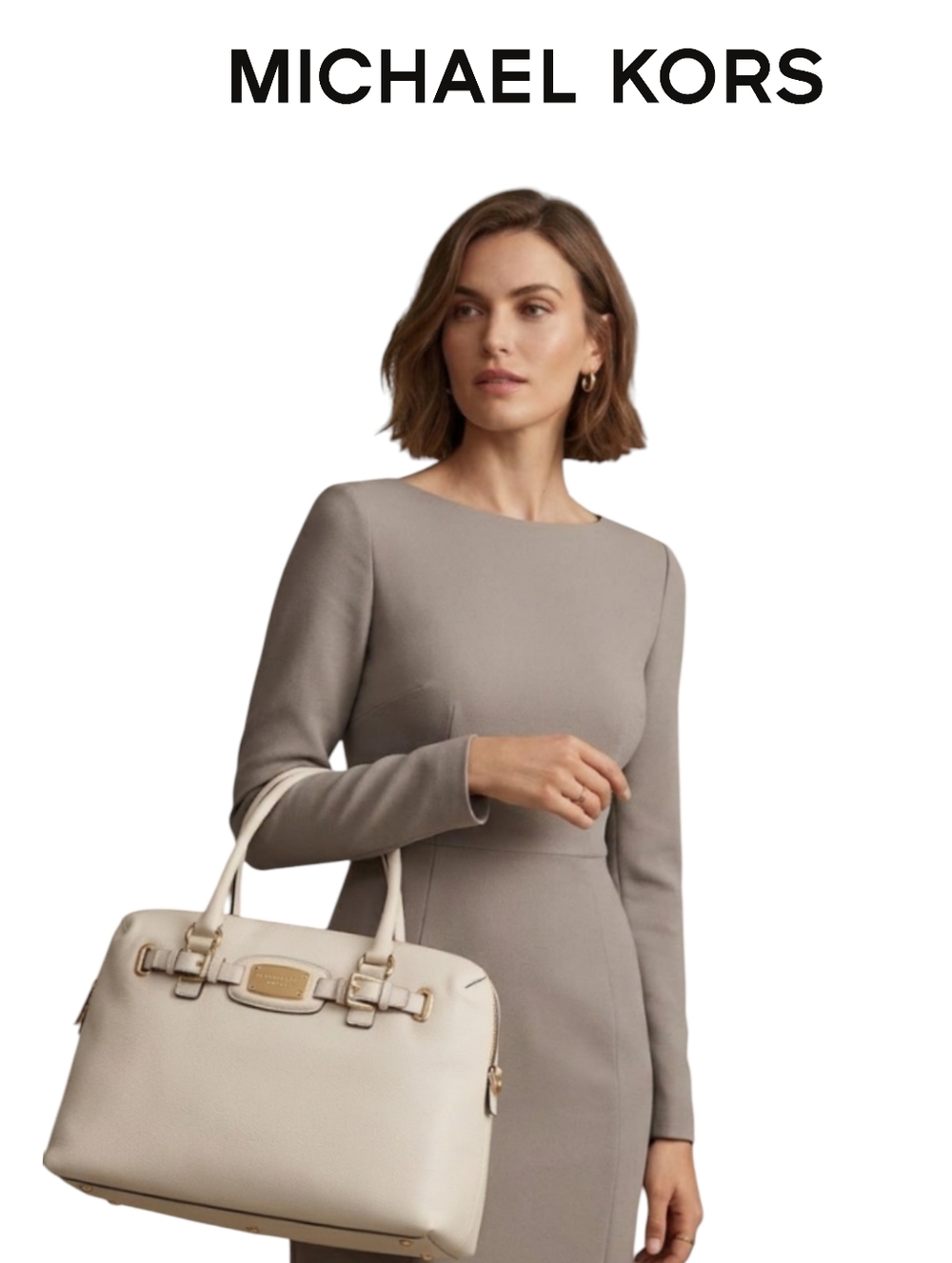 Michael Kors Hamilton Large Genuine Leather Weekender Vanilla Top Zipper Bag